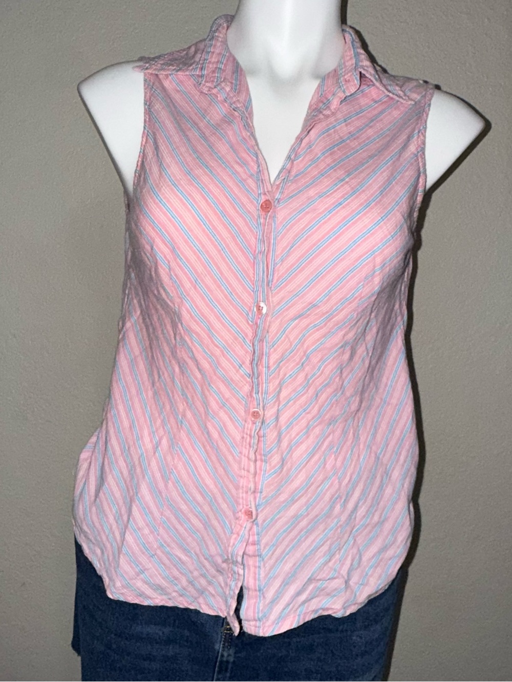 Sleeveless Pink Striped Button-Down Shirt